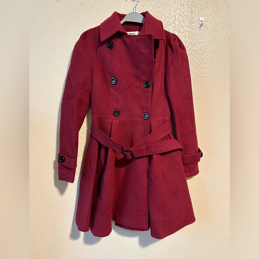 Formode‎ Peacoat Jacket Size Small Belted Burgundy Double Breasted